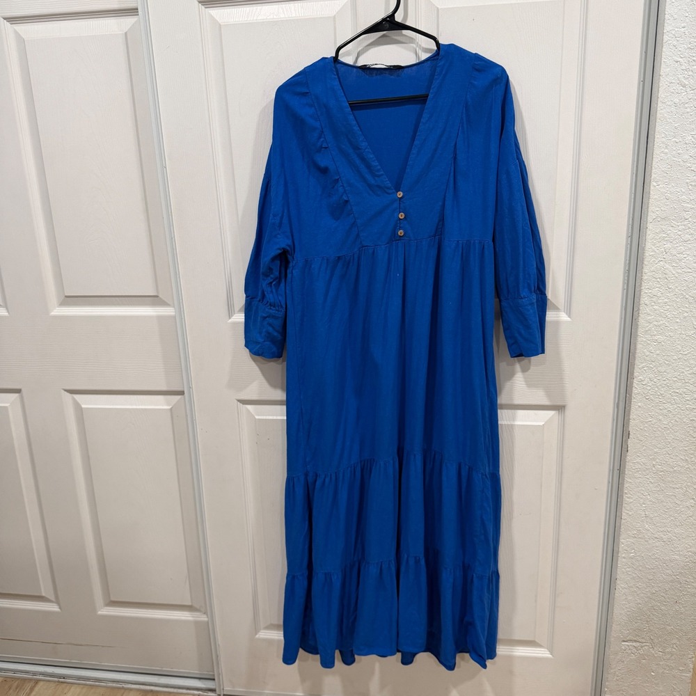 Zara Blue Linen Blend Tiered V-Neck Midi Dress 2716/939/829 Medium